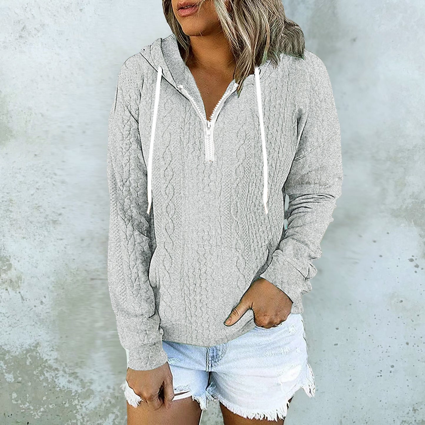 Women Twist Texture Design Drawstring Sweatshirt Hoodie
