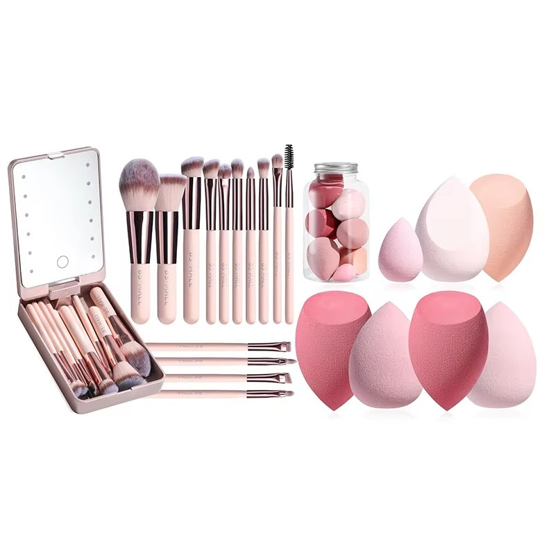 Portable Travel LED Mirror Makeup Brushes Case Set With Storage Makeup Tool Kits