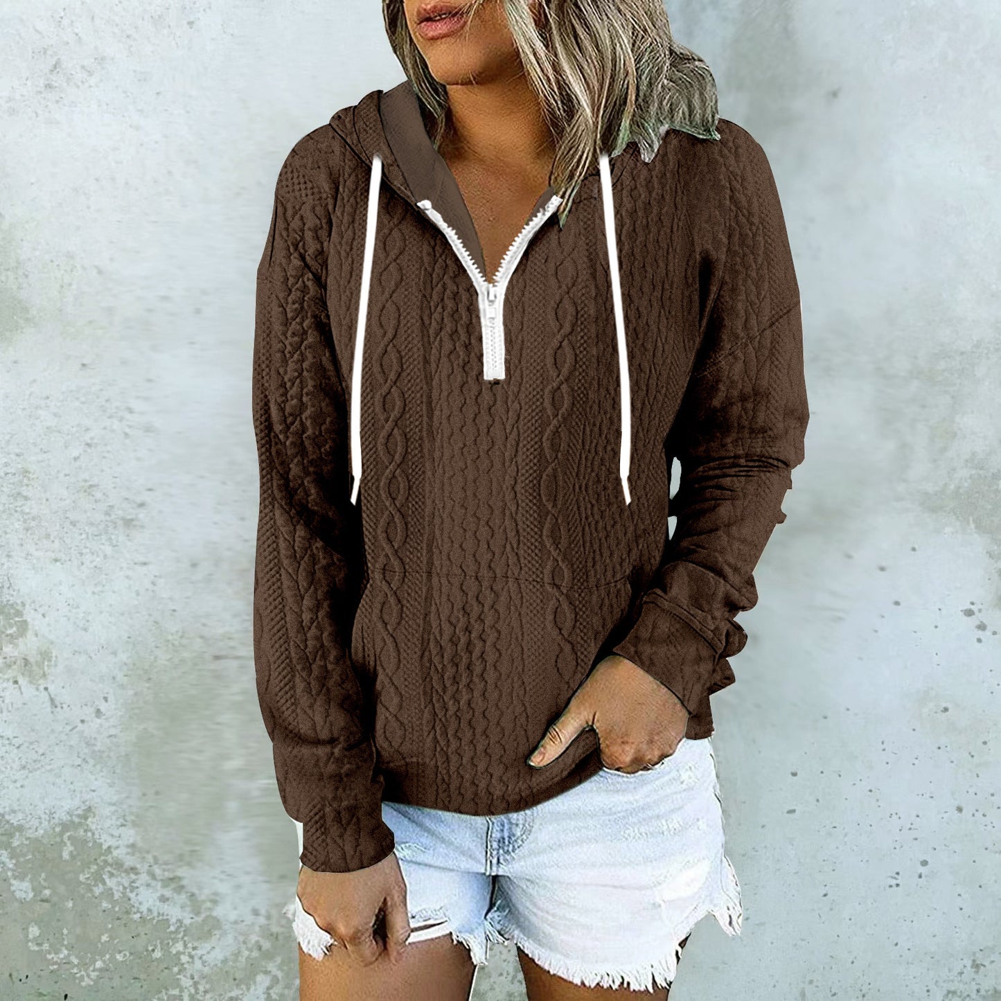 Women Twist Texture Design Drawstring Sweatshirt Hoodie