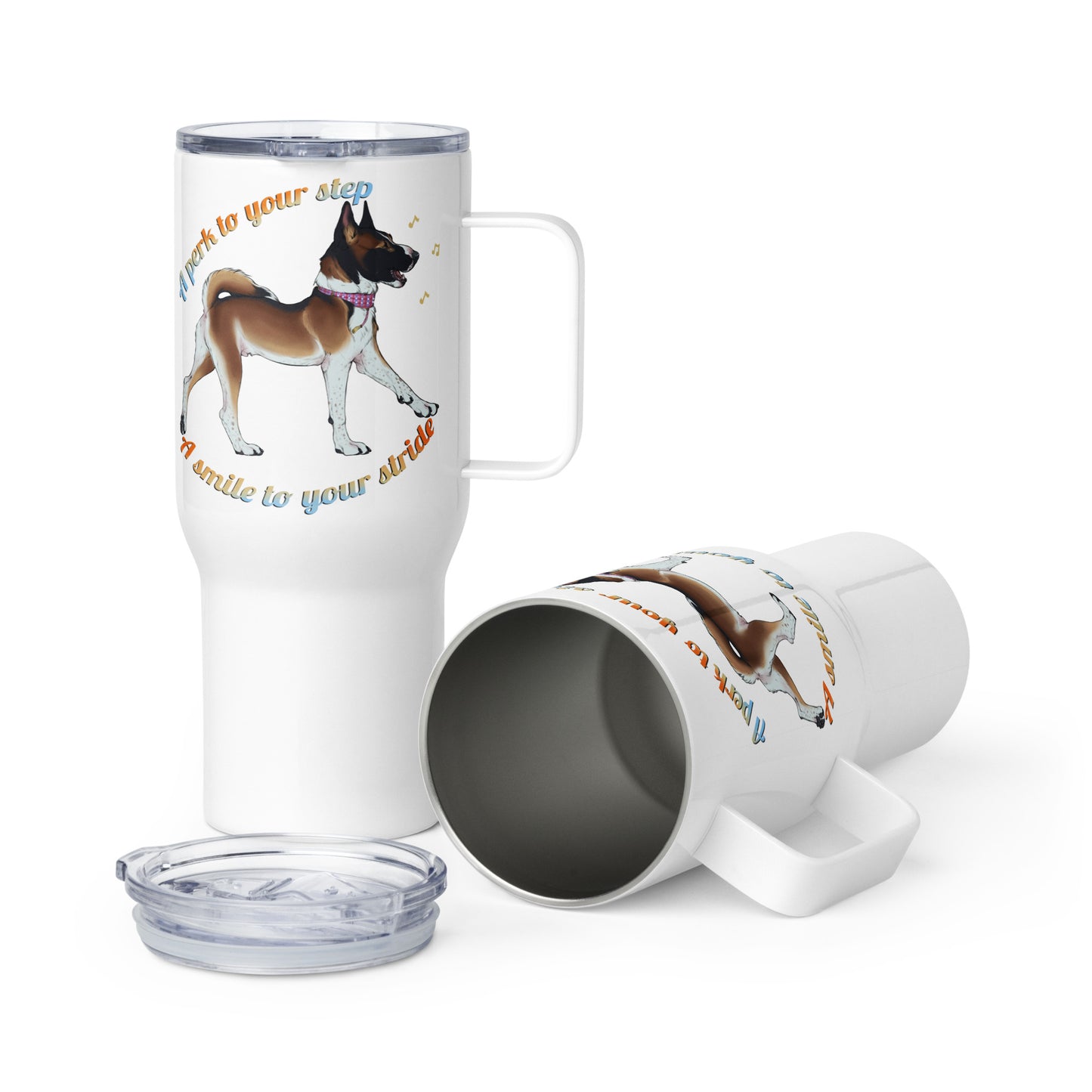 A Perk To Your Stride Travel mug with a handle