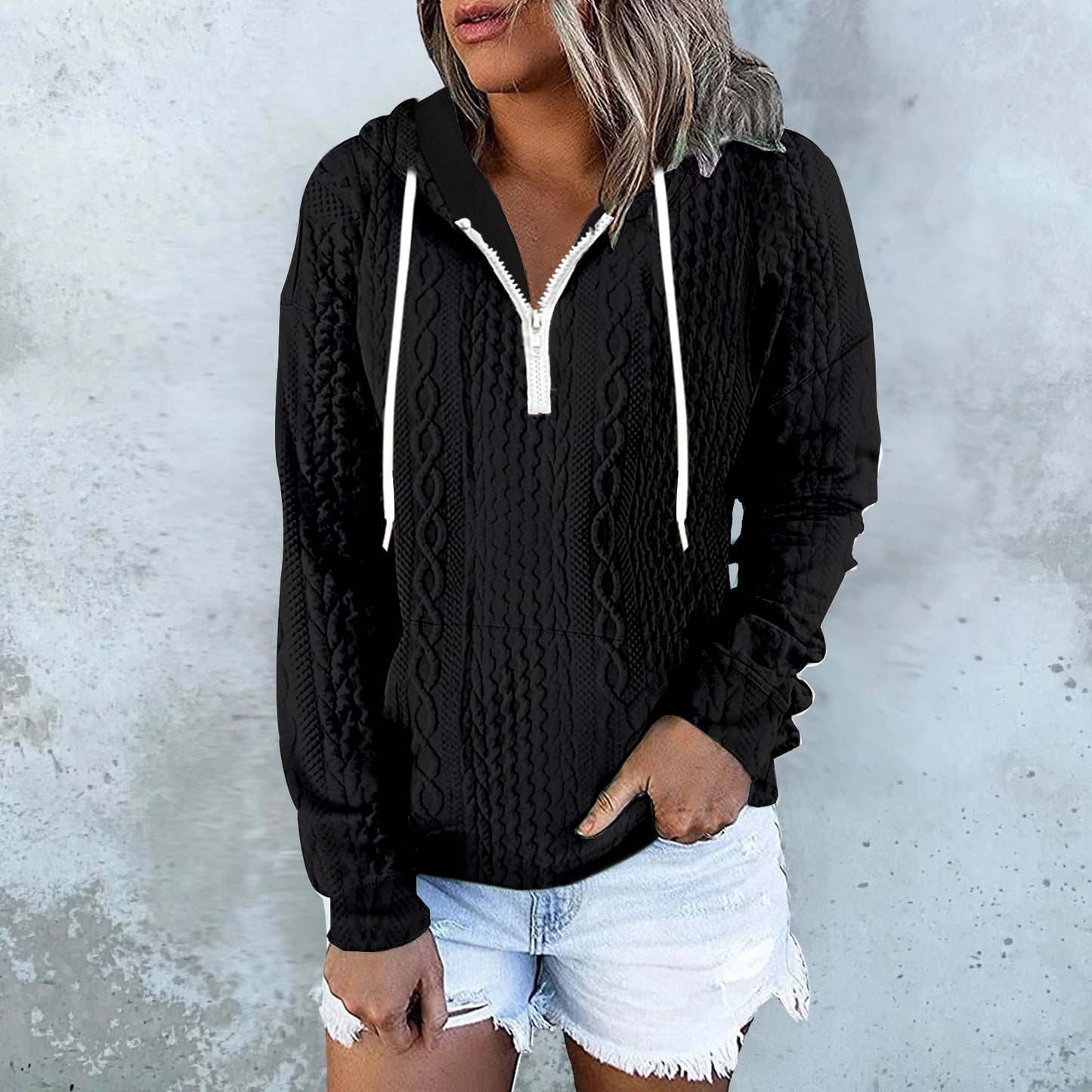 Women Twist Texture Design Drawstring Sweatshirt Hoodie
