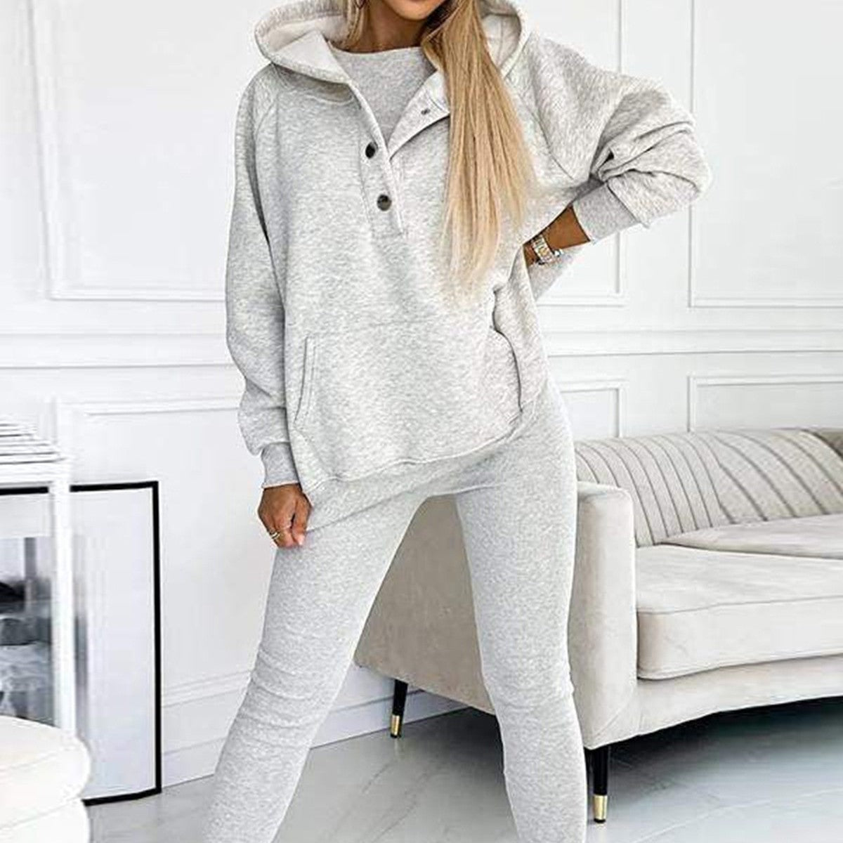 Women's 3pcs Loose Hooded Pocket Sweatshirt And Vest And Slim Trousers Suit