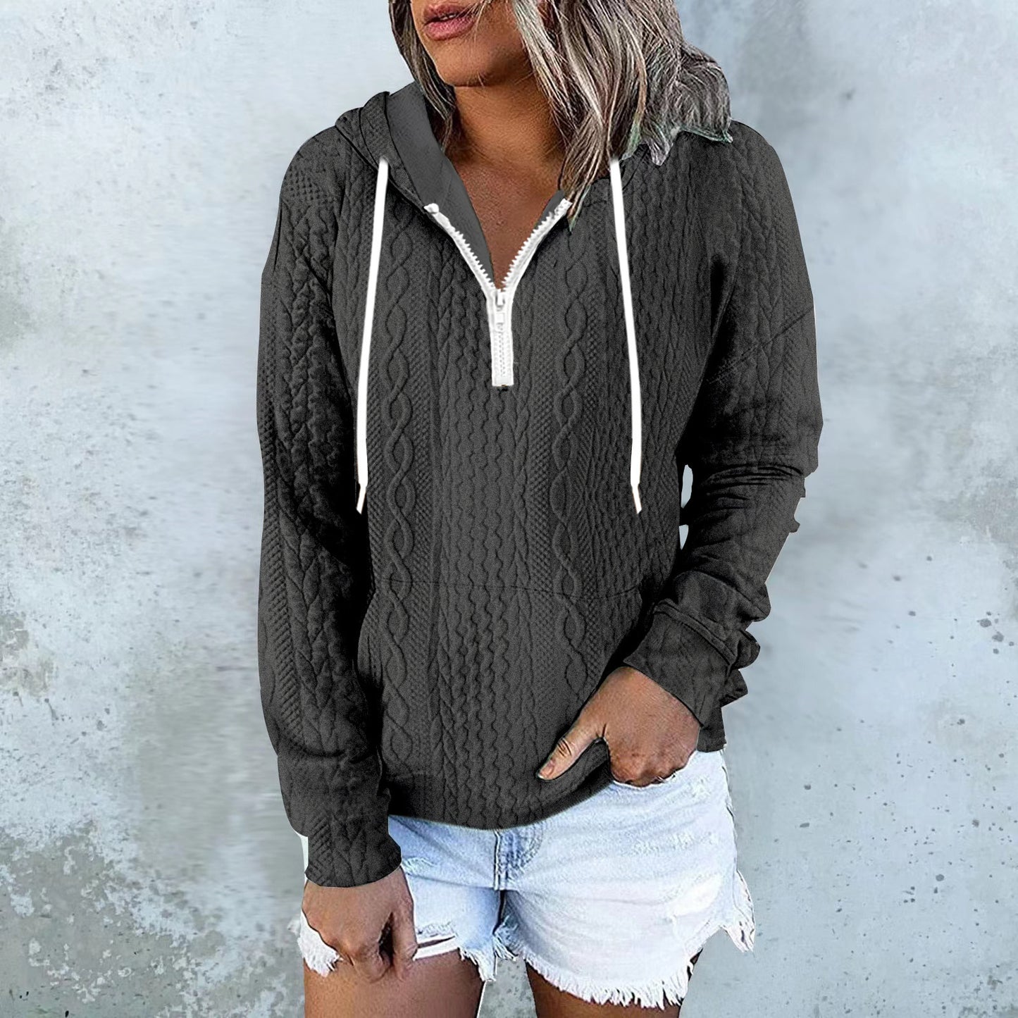 Women Twist Texture Design Drawstring Sweatshirt Hoodie