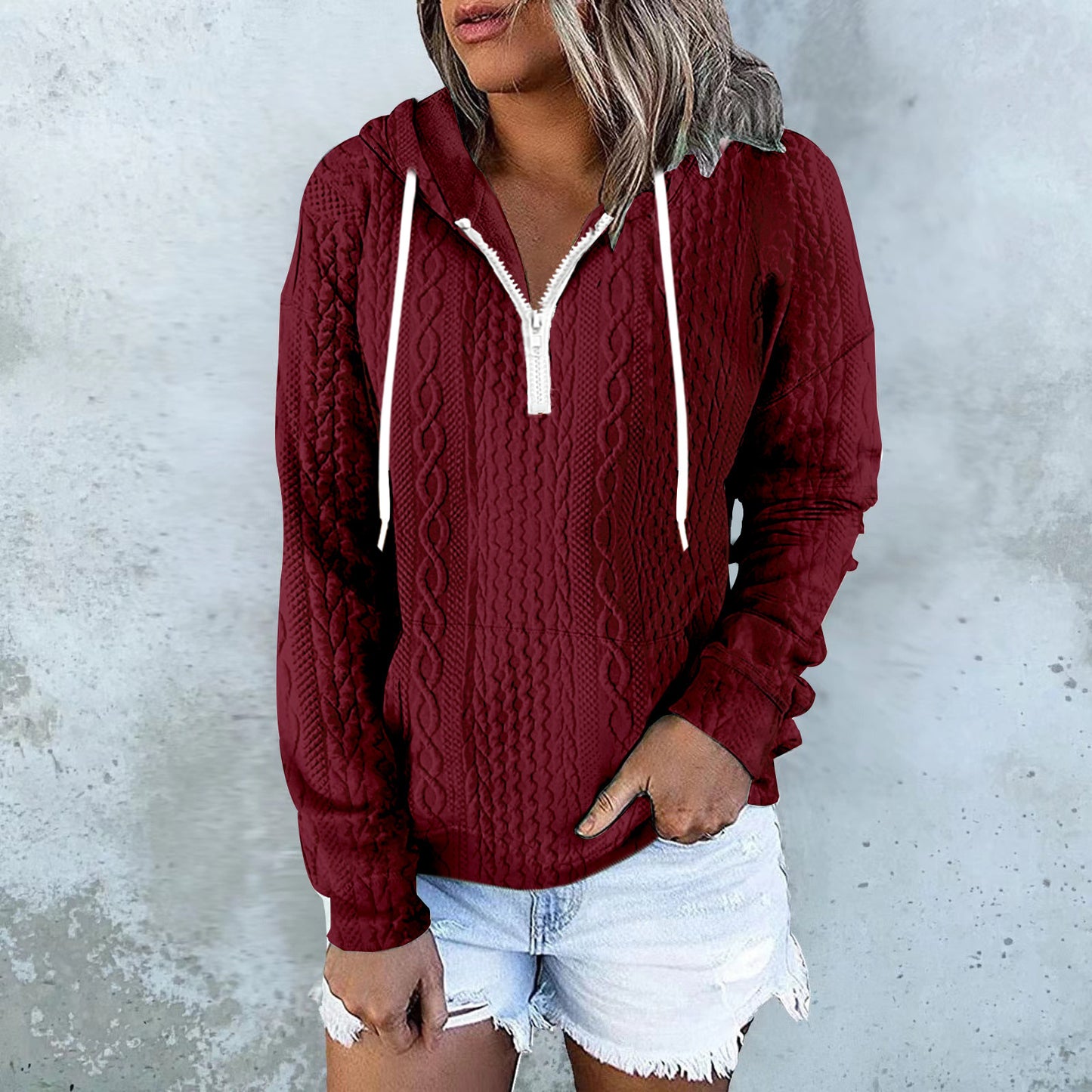 Women Twist Texture Design Drawstring Sweatshirt Hoodie