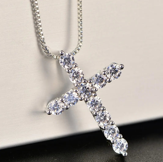 Women's Silver Chain Crystal Cross Pendant Necklace