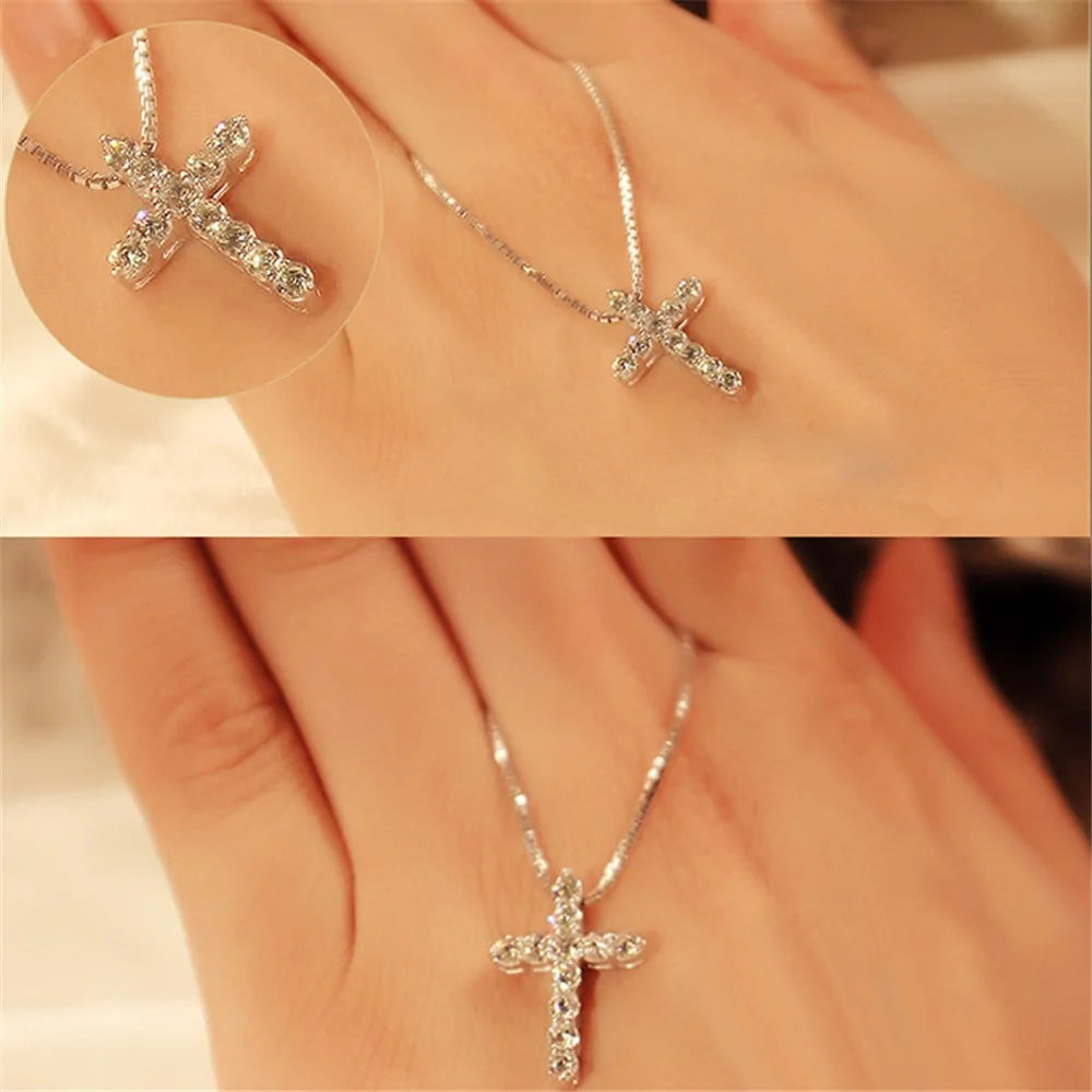 Women's Silver Chain Crystal Cross Pendant Necklace