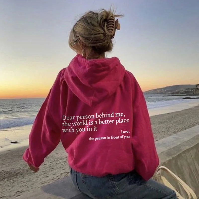 Unisex Plush Letter Printed Kangaroo Pocket Drawstring Hoodie