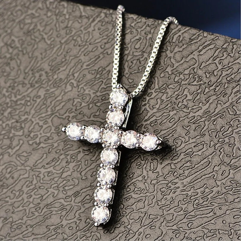 Women's Silver Chain Crystal Cross Pendant Necklace