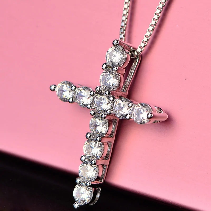 Women's Silver Chain Crystal Cross Pendant Necklace